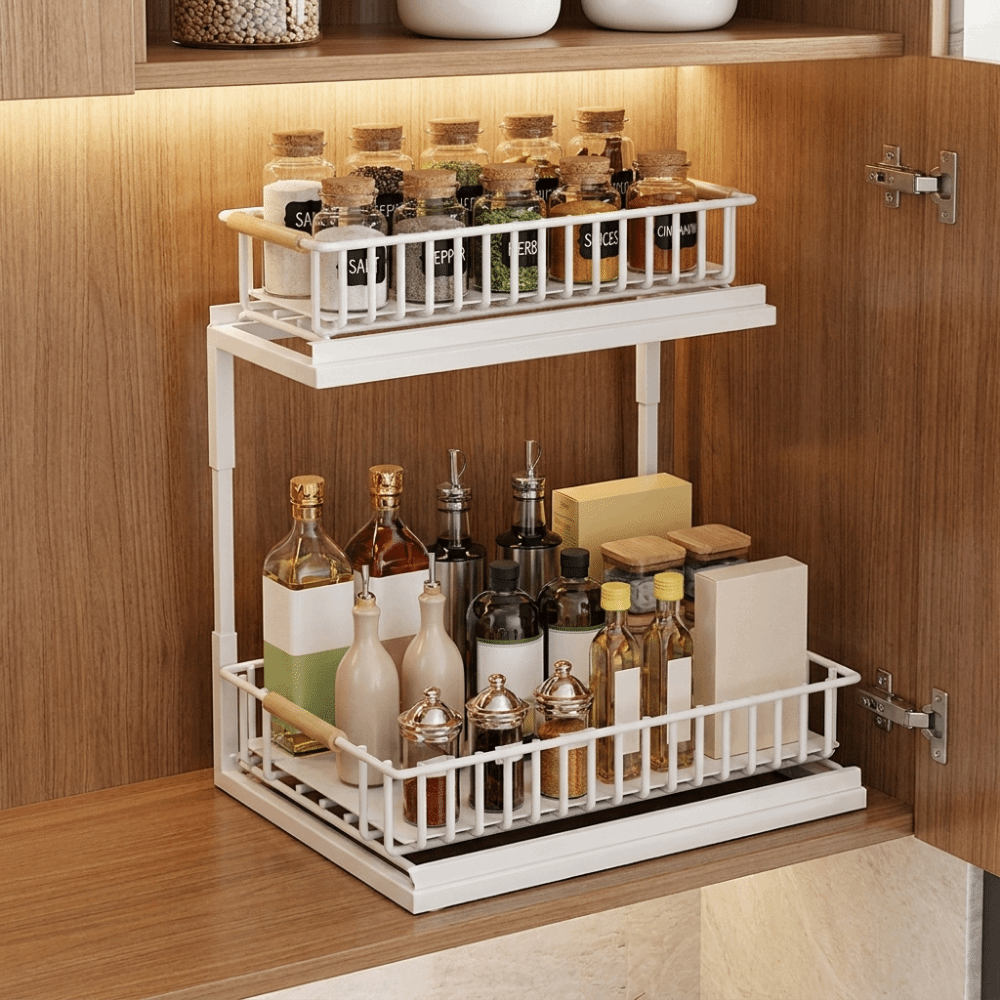 Pull-out storage rack in use