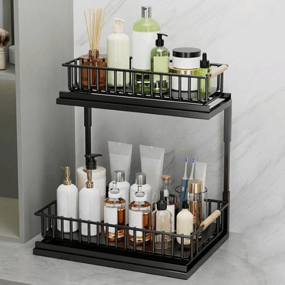 Under sink organiser in cabinet