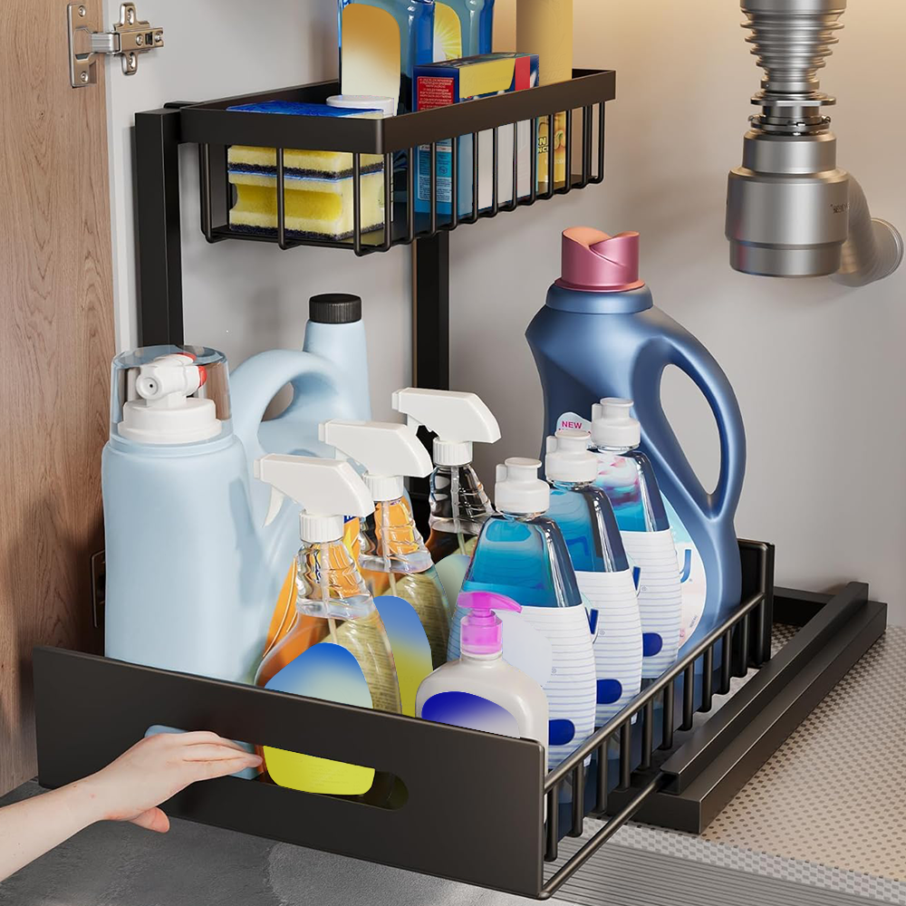 Under sink sliding storage basket
